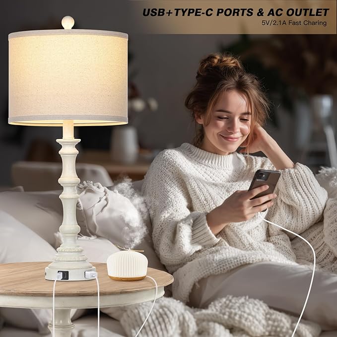 27.5" White Tall Lamp for Living Room, Vintage Farmhouse Table Lamps Set of 2 with USB C+A Ports & AC Outlet, 3-Way Touch Control Bedside Lamps, Rustic Bedroom Lamp for Nightstand Side Table