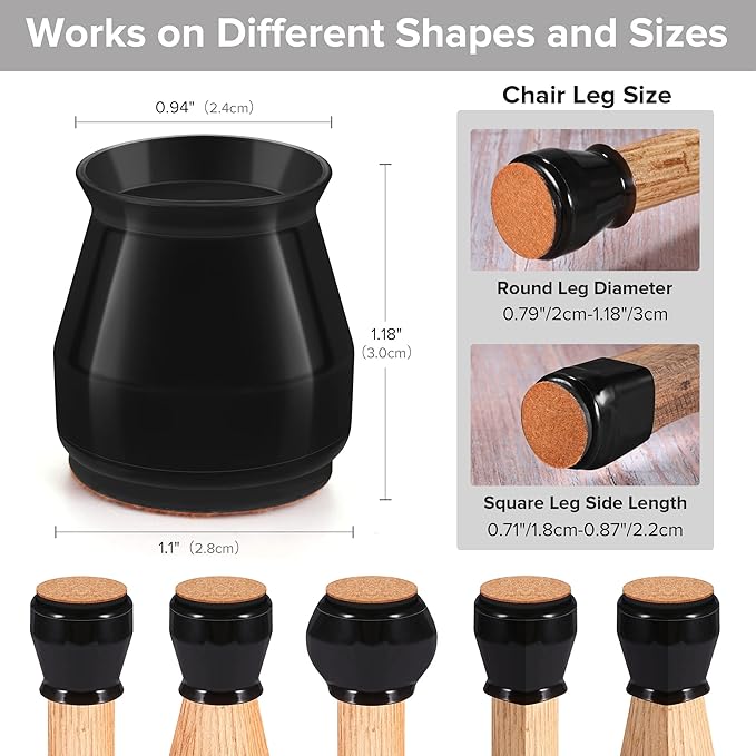 24PCS Upgraded Silicone Chair Leg Floor Protectors for Hardwood Floors, Furniture Sliders for Chair Legs, Felt Bottom Furniture Pads, Anti-Slip Round&Square Cap Covers to Scratch and Reduce Noise