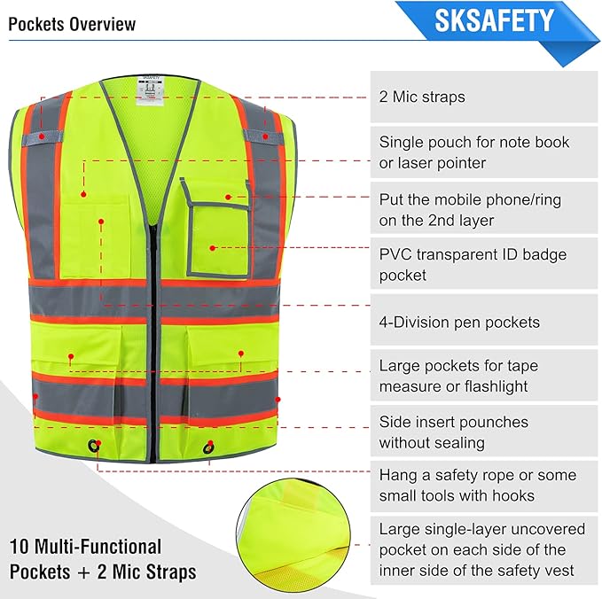 SKSAFETY 10 Pockets Safety Vest, Class 2 High Visibility Security with Zipper Back Mesh, Hi Vis Vest with Reflective Strips, ANSI/ISEA Standard, Construction Work Vest for Men ＆ Women （Lime, 5XL）