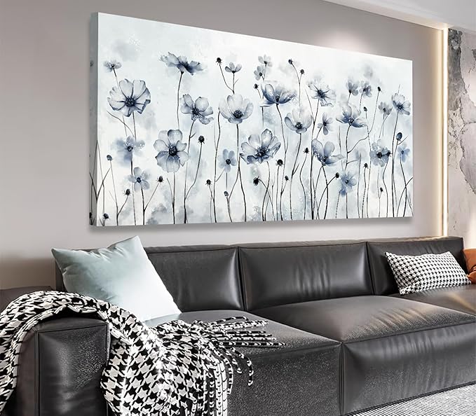 VEAEE Framed Flowers Canvas Wall Art - Indigo Floral Canvas Pictures, Living Room Wall Decor, Botanical Canvas Prints Painting Abstract Artwork Bedroom Office Home Decor 24"x 48"