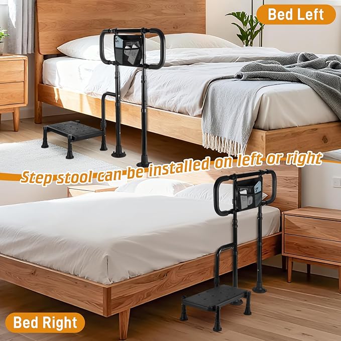 Bed Rails for Elderly Adults Safety, Step Stool with Handle for Ederly - Extended Bed Assist Rail for Seniors with Storage Bag - Adjustable Bed Side Rails Foot Stool, Fits Twin Full Queen King