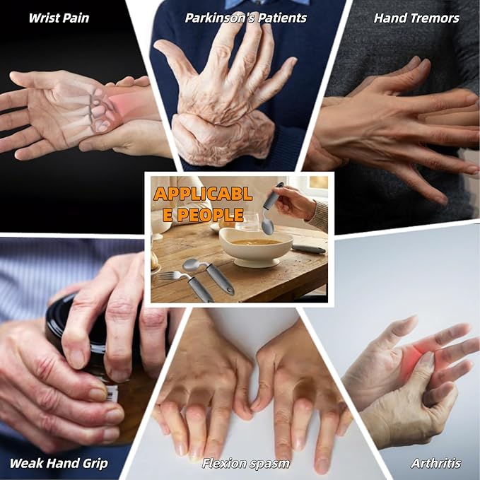 4Pcs Weighted Adaptive Utensils for Hand Tremors & Spill-Proof Scoop Plate with Suction Base – Practical Living Aids & Gifts for People with Parkinson's, Dementia, MS, Elderly & Disabled Adults