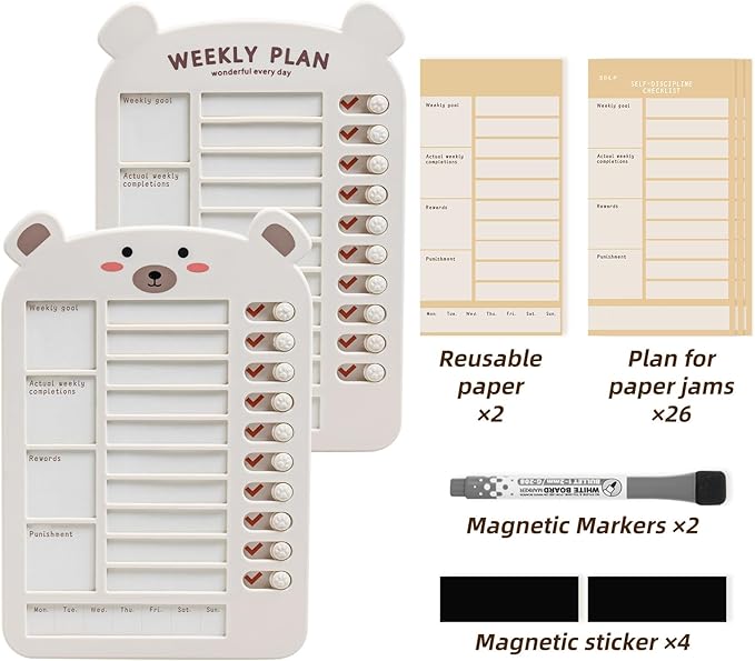Weekly Chore Chart for Kids Dry Erase Chore Board,Behavior Chore Chart for Multiple Kids, Cute Visual for Kids Schedule Board for Home, Kids Checklist to Do List ADHD Tools (Bear,Plan, 2)
