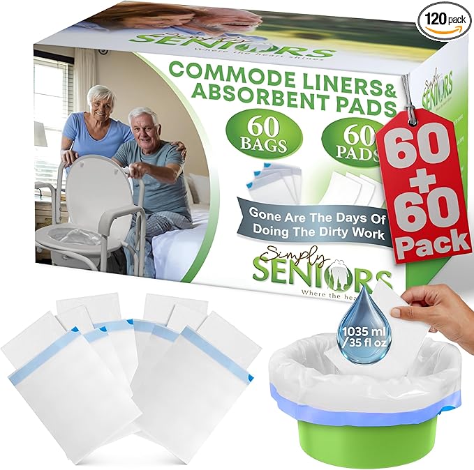 Commode Liners with Absorbent Pads - 60 Bedside Commode Liners & Pads - Portable Toilet Bags for Porta Potty & Camping - No More Days Washing The Bucket of The Commode Chair for Toilet with Arms