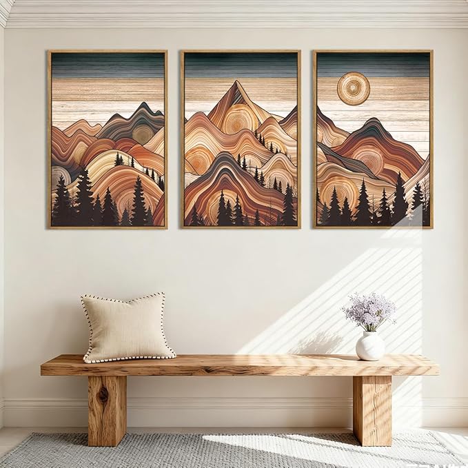 IARTTOP Large Mountain Framed Canvas Wall Art 16x24 Inch Vintage Mountain Landscape Art Prints Set of 3 Abstract Nature Scenery Wall Decor for Living Room Bedroom Office