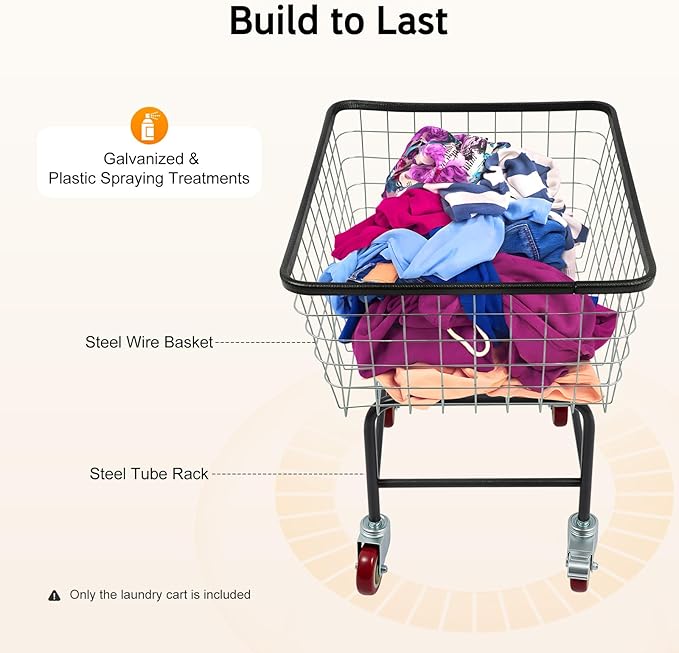 Heavy Duty Wire Laundry Cart with wheels, bushel steel wire laundry Hamper cart, Rolling Commercial Laundry Basket, Steel Frame with Chrome Finish, 26.77x21.5x26 inches