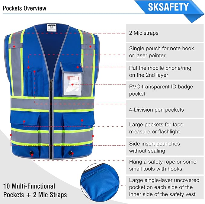 SKSAFETY 10 Pockets Safety Vest, Class 2 High Visibility Security with Zipper, Hi Vis Vest with Reflective Strips, ANSI/ISEA Standard, Construction Work Vest for Men ＆ Women （Blue, 5XL）