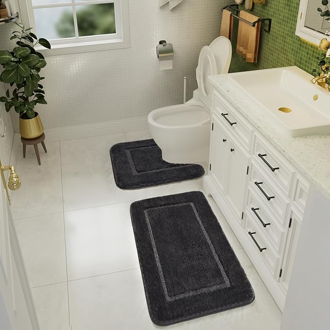 LOCHAS Bathroom Rug Set Dark Grey, Soft Bath Rug Set 2 Piece, Toilet Mat U-Shaped 20x20 and 34x20 Bath Rugs, Quickly Dry Mats for Bathroom, Tub, Washable, Super Absorbent Floor Mat