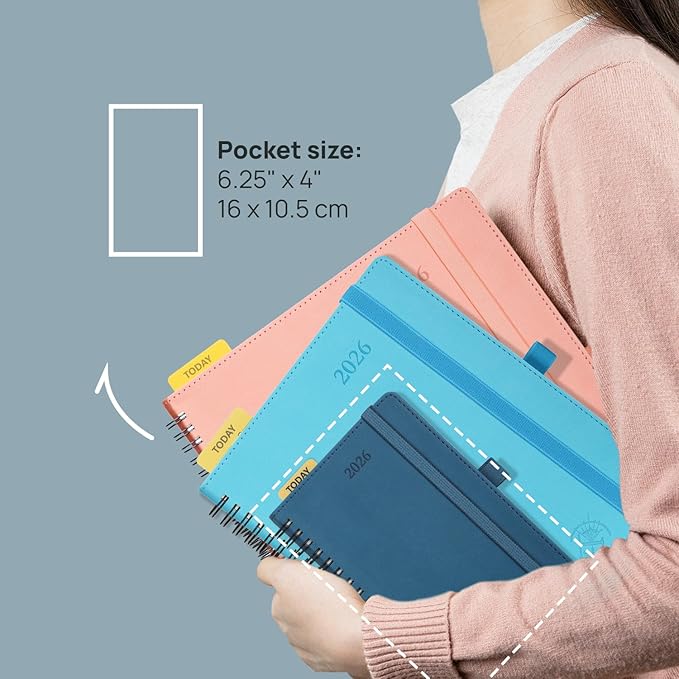 POPRUN Pocket 2026 Planner (Small Size- 4'' x 6.25'') Weekly and Monthly for Purse - Calendar 2026 (Jan. 2026 - Dec.2026) with Soft Cover, Plastic Ruler - Pink