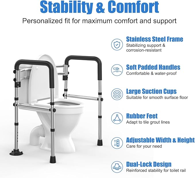 Upgraded Toilet Safety Rails 380LBS, Stainless Steel Toilet Rail Frame, Adjustable Stand Alone Toilet Support with Non-Slip Grips & Suction Cups,Tool-Free Assembly, Fits for Elderly/Disabled