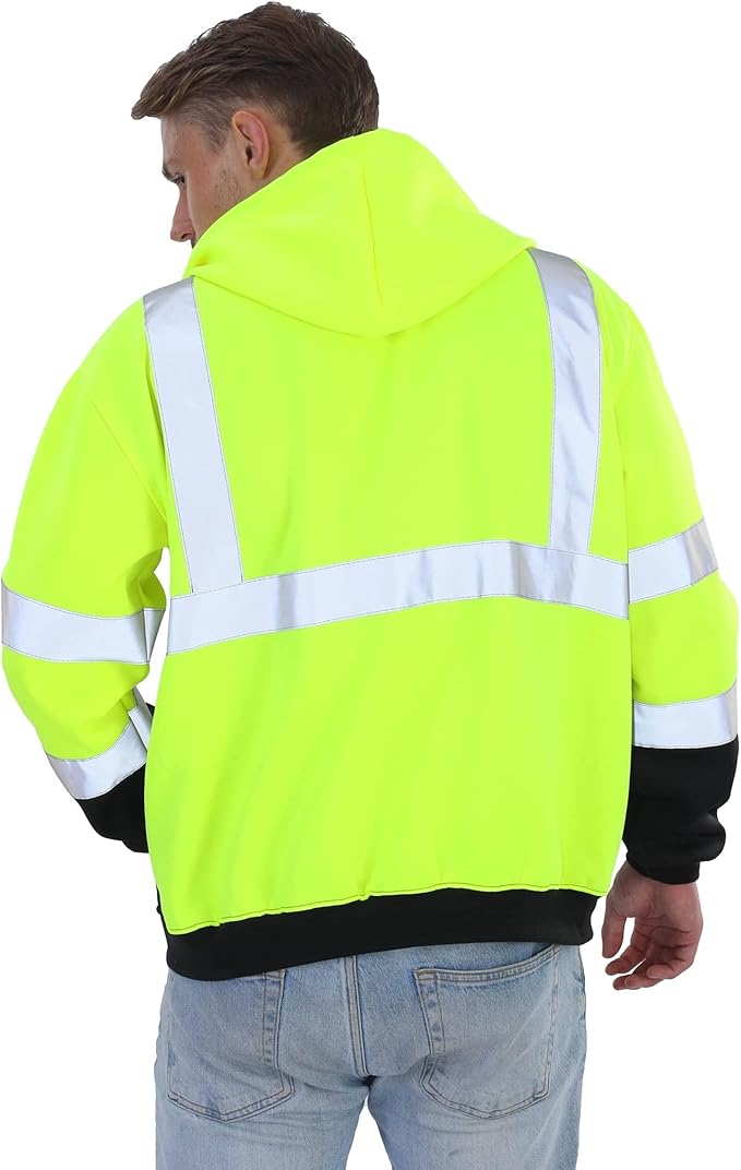 sesafety Class 3 High Visibility Sweatshirt for Men,Hooded Pullover,Hi-Vis Safety Hoodie Pullover Sweatshirt,Reflective Safety with Black Bottom
