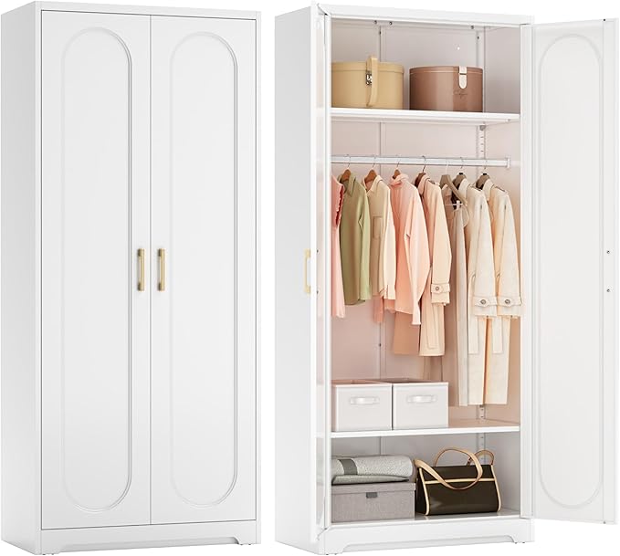 Metal Armoire Wardrobe Closet for Hanging Clothes, 71" Tall Wardrobe Cabinet with Hanging Rod, Large Freestanding Wardrobes Closet with Doors and Shelves for Bedroom, Office, Gym, School, White