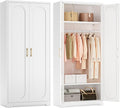 Metal Armoire Wardrobe Closet for Hanging Clothes, 71" Tall Wardrobe Cabinet with Hanging Rod, Large Freestanding Wardrobes Closet with Doors and Shelves for Bedroom, Office, Gym, School, White