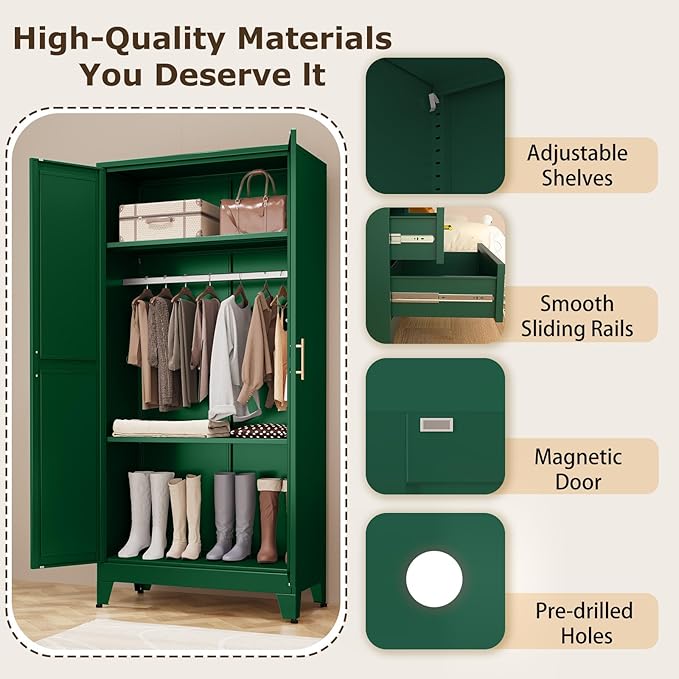 Metal Wardrobe Storage Cabinet with Hanging Rod,71'' Metal Clothing Cabinet with 2 Doors and 2 Adjustable Shelves for Bedroom, Laundry Room, Cloak Room (2 Doors-71'', Green)