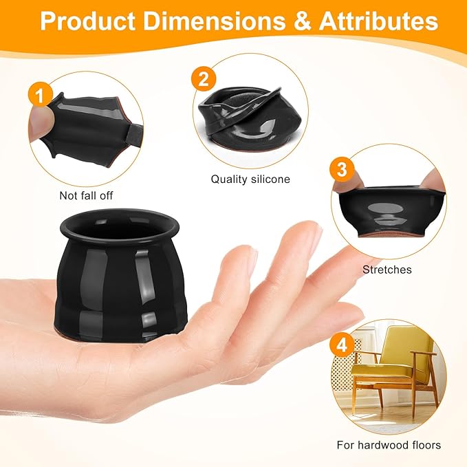CHUNZEXI 16 Pack Chair Leg Floor Protectors for Hardwood Floors, Silicone Felt Covers Pads Caps, Protect Wood Furniture Feet Floors Noise Reduce and Scratch (Universal Large & Black)