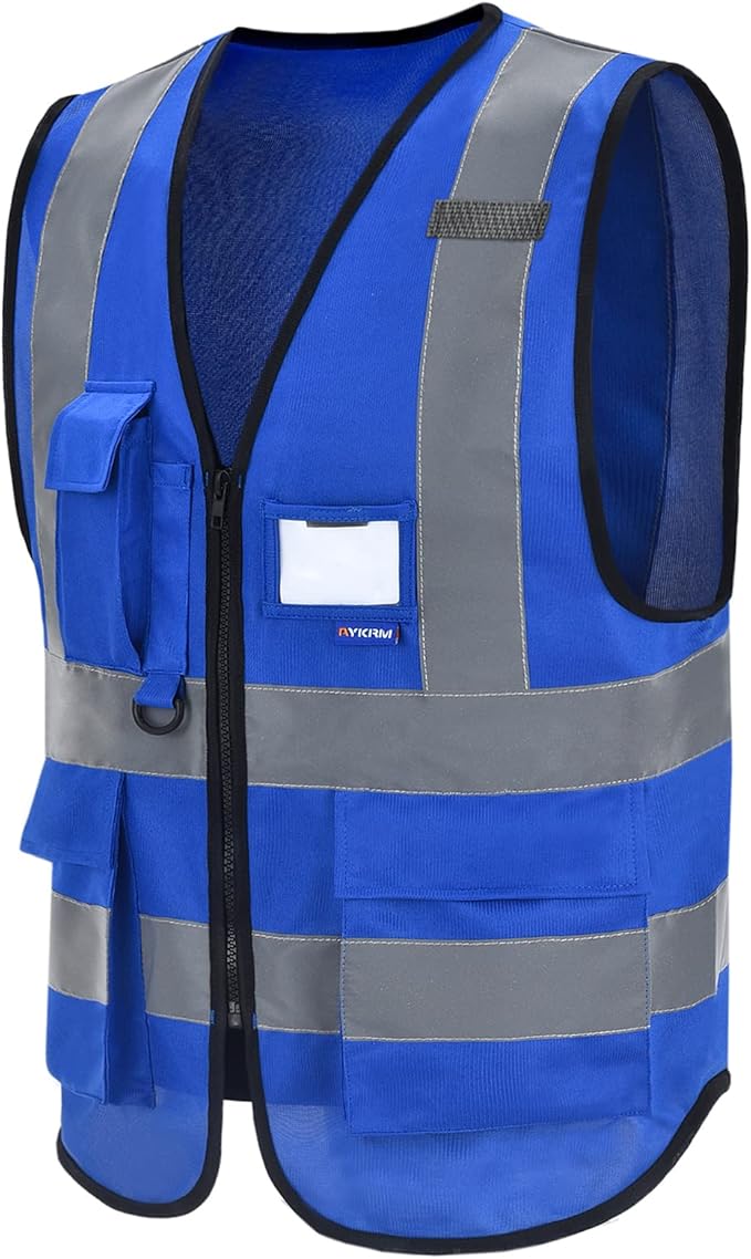 A-SAFETY Blue High Visibility Reflective Safety Vest,Hi Vis Bright Neon Color with 4 Reflective Strips 8 Pockets,X-Large