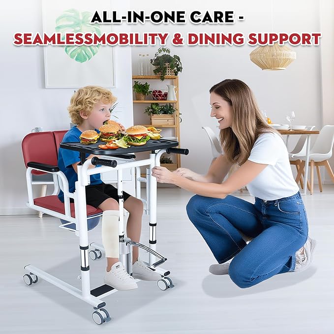 Drexo Patient Lift Transfer Chair, 5 in 1 Patient Lift Chair with 180°Split Seat, Height Adjustable Patient Transfer Chair with 4 Casters for Home Seniors Elderly, Load 450Lbs (Non-Fold, Red)