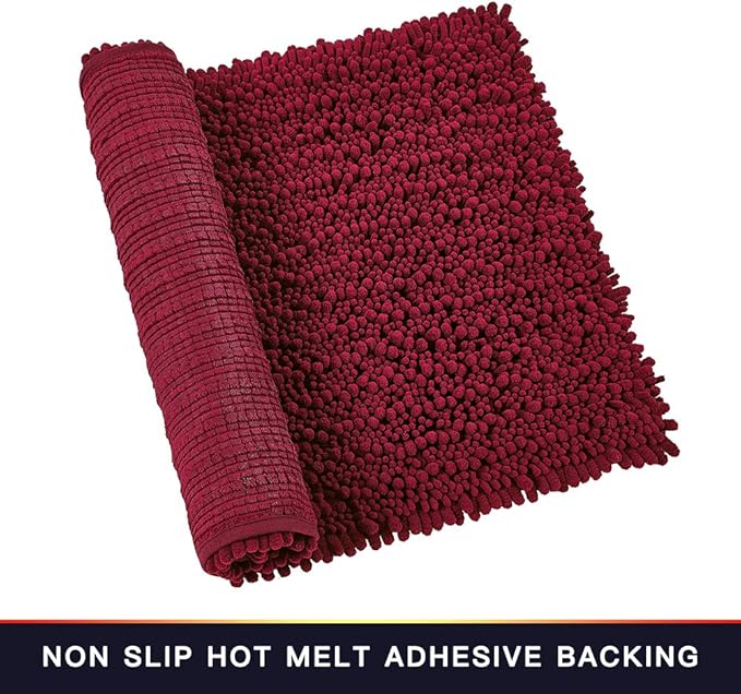 Walensee Bathroom Rug Non Slip Bath Mat (24x17 Inch Red) Water Absorbent Super Soft Shaggy Chenille Machine Washable Dry Extra Thick Perfect Absorbant Best Small Plush Carpet for Shower Floor