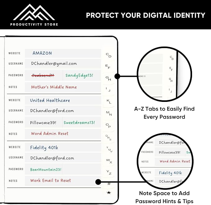 PRODUCTIVITY STORE Best Password Book With Alphabetical Tabs | Small Password Book, Organizer & Notebook | Password Keeper To Keep Website Logins & Passwords Safe | Black | Small 4x5.5