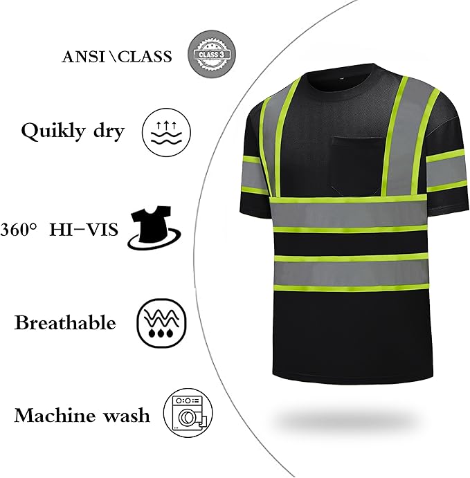 High Visibility Shirts Quick Dry Safety T Shirts with Reflective Strips and Pocket Short Sleeve Mesh Hi Vis Construction Work Class 2 Shirt for Men/Women Black,Large