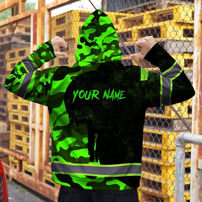Maddly Hi Vis Reflective Zip Up Hoodie, High Visibility Safety Jacket with Skull Design for runner, worker, trucker, cyclist