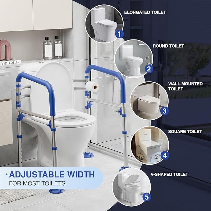 Foldable Toilet Safety Rails for Seniors - Adjustable Toilet Safety Frame & Toilet Handles for Elderly & Disabled, Fits Most Toilets, 350lb Capacity, Blue