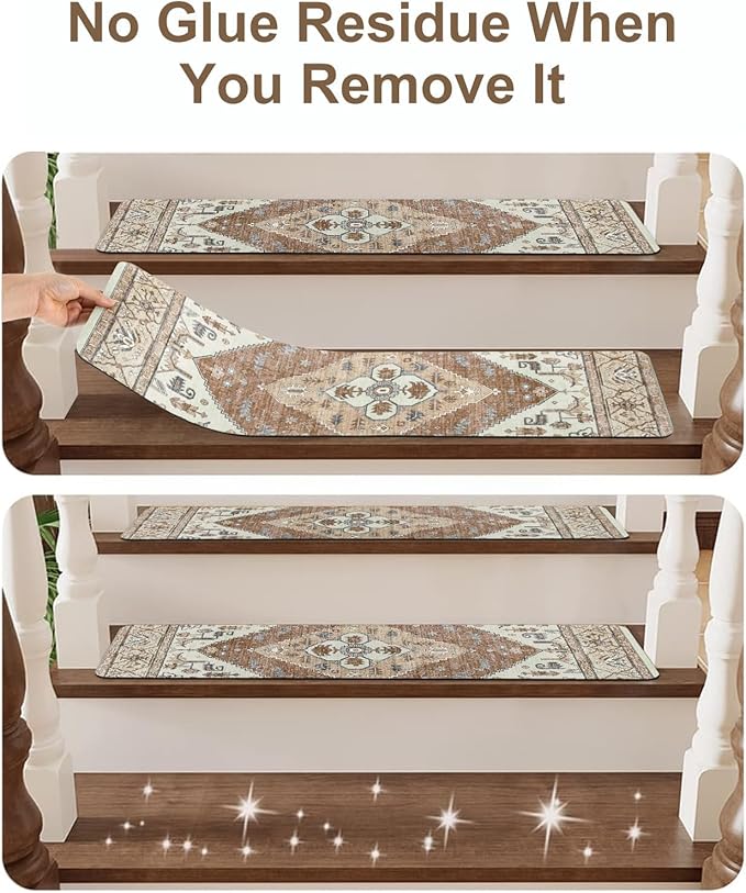 OJIA Super Non-Slip Stair Treads for Wooden Steps, 30"X8" Indoor Stair Runners Slip Resistant Stair Rugs Safety Mats for Dogs, Kids & Elders, Rubber Backed Stair Treads Stair Covers (15PC)