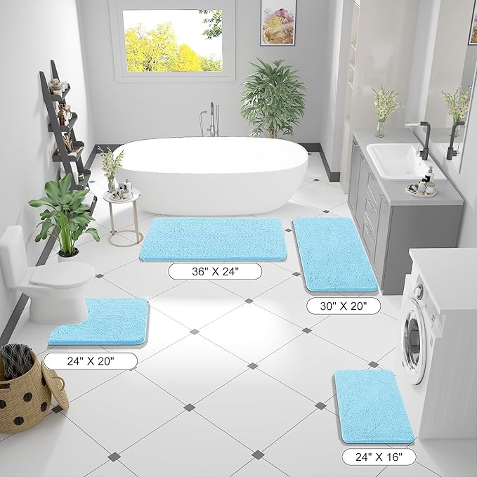 OLANLY Bathroom Rugs 24x16, Extra Soft Absorbent Chenille Bath Rugs, Rubber Backing Quick Dry, Machine Washable Bath Mats for Bathroom Floor, Tub and Shower, Home Decor Accessories, Sky Blue