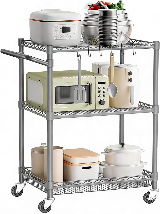 3 Tier Rolling Utility Carts with Wheels Heavy Duty Storage Cart 750Lbs Capacity Adjustable Kitchen Metal Organizer Cart with Handle & Shelf Liner Commercial Service Trolley for Indoor & Outdoor Use