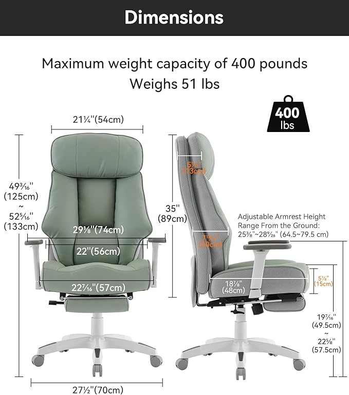 DJ·Wang Big and Tall Office Chair 400lbs with Foot Rest, High Back Executive Office Chair with Extra-Thick Spring Cushion, Ergonomic Leather Chairs Green