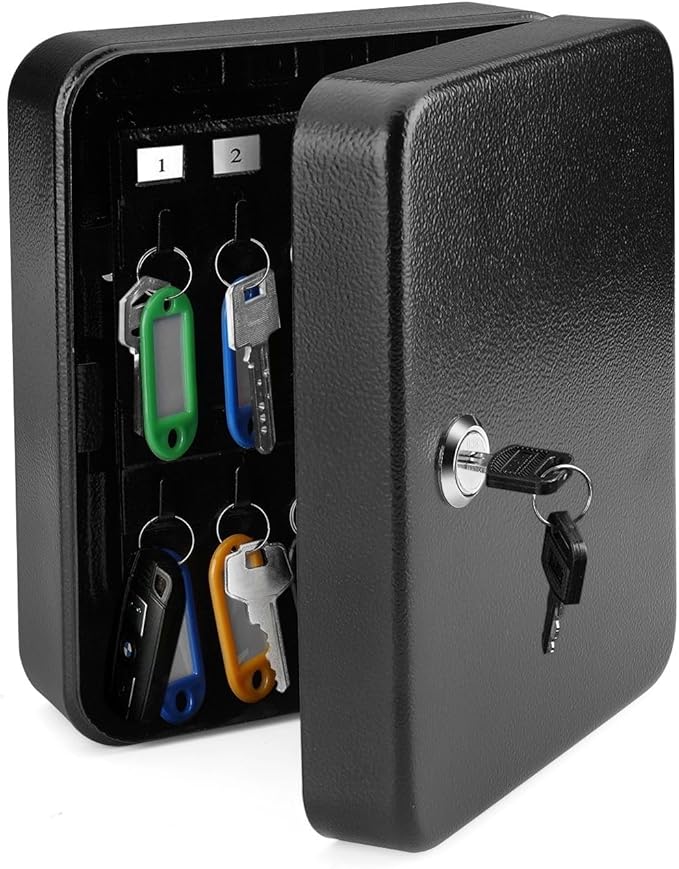 Flexzion Key Cabinet Key Lock Box Wall Mount with 40 Key Holder Organizer Locker Case, Colored Key Tags & Hooks Wall Mounted Lock Box for Keys Storage, Homes, Property, Hotels, Business (Black)