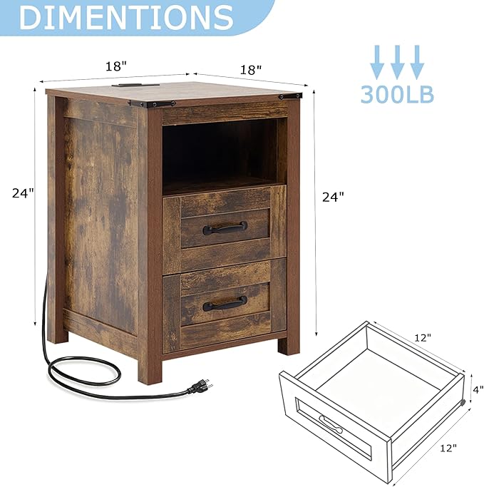 Brown Night Stand, Rustic End Table with Charging Station, Farmhouse Tall Nightstand for Bedroom, Drawer Dresser Bedside Table with Open Storage Shelf