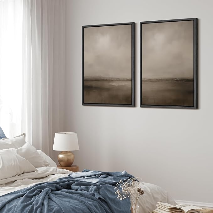 MUDECOR Framed Canvas Print Wall Art Abstract Brown and Taupe Modern Minimalist Misty Landscape Illustrations Modern Art Decorative Bohemian for Living Room, Bedroom, Office - 16"x24"x2 Black