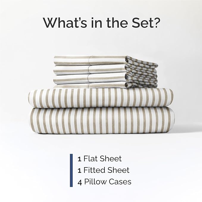 King 6 Piece Sheet Set - Cooling & Breathable Bed Sheets - Hotel Luxury Bed Sheets for Women, Men, Kids & Teens - Bedding w/Deep Pockets & Easy Fit - Soft & Wrinkle Free - King Beige Stripes Sheets