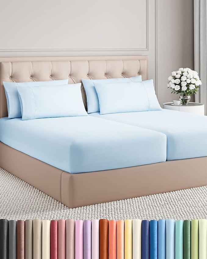 Split King 7 Piece Sheet Set - Cooling & Breathable Bed Sheets - Hotel Luxury Bed Sheets for Women, Men, Kids & Teens - Deep Pockets - Easy Fit - Soft and Wrinkle Free - Split King Light Blue Sheets