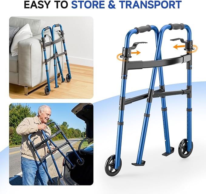 Folding Walker for Seniors, Front Wheel Walker with Storage Bag & Rear Ski Glides, Height Adjustable, 350lbs Capacity, Blue