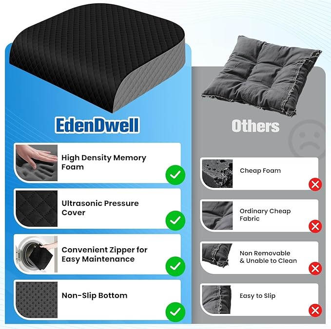 Seat Cushion, Memory Foam Chair Pad, Non-Slip Cushion for Office, Home, Car, Large Desk Chair Cushion, Washable Cover & Handle, Large, Black