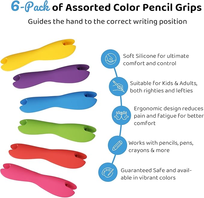 ELETIUO Pencil Grips for Kids and Adults,6-Pack Silicone Holders for Handwriting,Drawing,and Coloring,Ergonomic Dual-Head Design for Right or Left-Handed Use,Improves Grip Control,Assorted Colors
