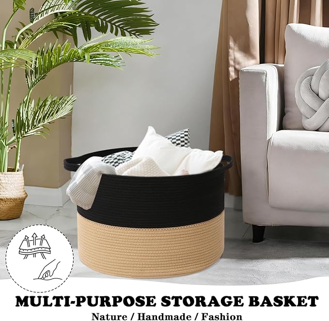 Large Storage Basket with Handle,19.7" L x 19.7" W x 13" H Blanket Basket Storage Bins for Organizing,65L Cotton Rope Woven Baskets for Living Room, Nursery ,Bedroom,Black&Camel