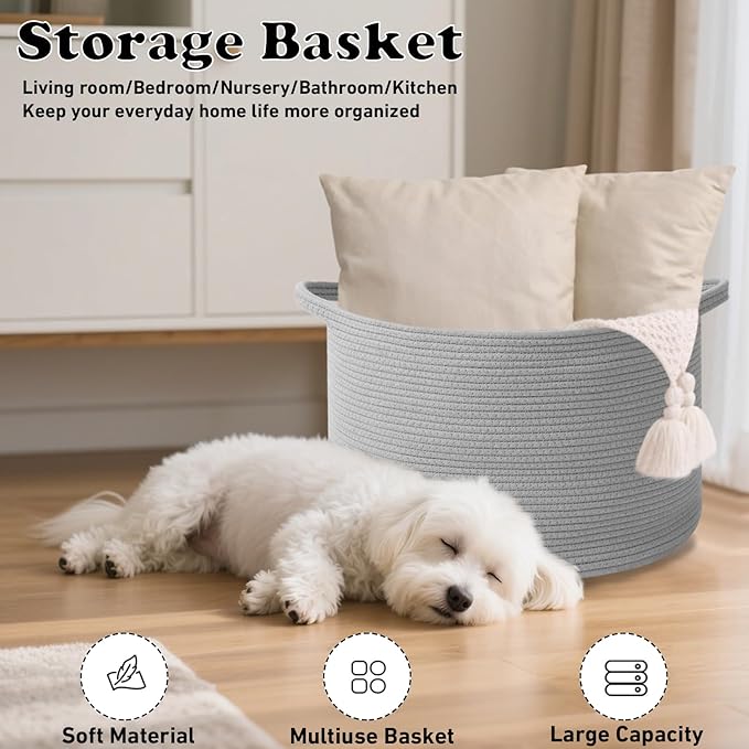 Large Storage Basket with Handle,23.6" x 23.6" x 15.7" Blanket Basket Storage Bins for Organizing,65L Cotton Rope Woven Baskets for Living Room, Nursery,Bedroom,Light Gry