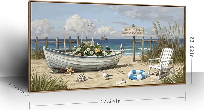 amatop Large Framed Coastal Wall Art – Gallery Wrapped Ocean & Nautical Canvas Print, Ready to Hang Beach House Decor with Flower Boat & Seagulls for Living Room, Bedroom & Office (48x24 Inches)