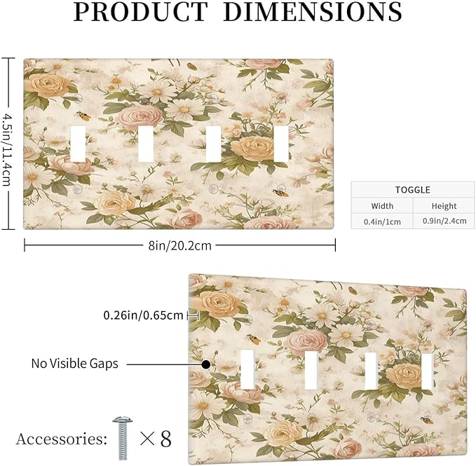 Light Switch Covers Boho Vintage Roses Pink Red Yellow Bouquet Floral Quad Toggle Electrical Faceplate 4 Gang Wall Plate Decorative Switch Plates for Bedroom living Room Decor