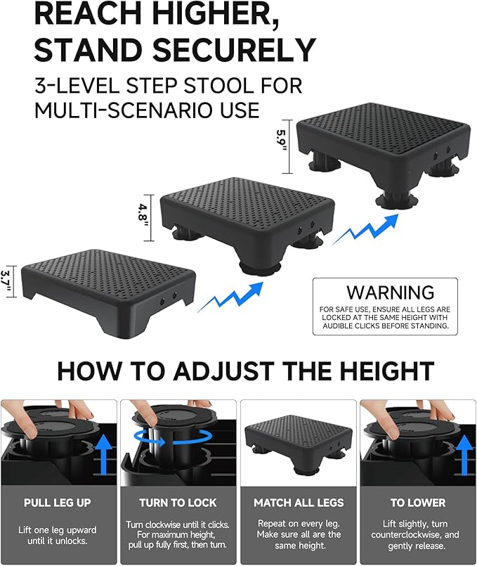 Adjustable Step Stool for Adults, Bed Step Stools, 600 LBS Capacity Safety Wide Step Platform, Indoor and Outdoor Steps for Seniors, Non-Slip Stepping Stool Elderly Assistance, Black