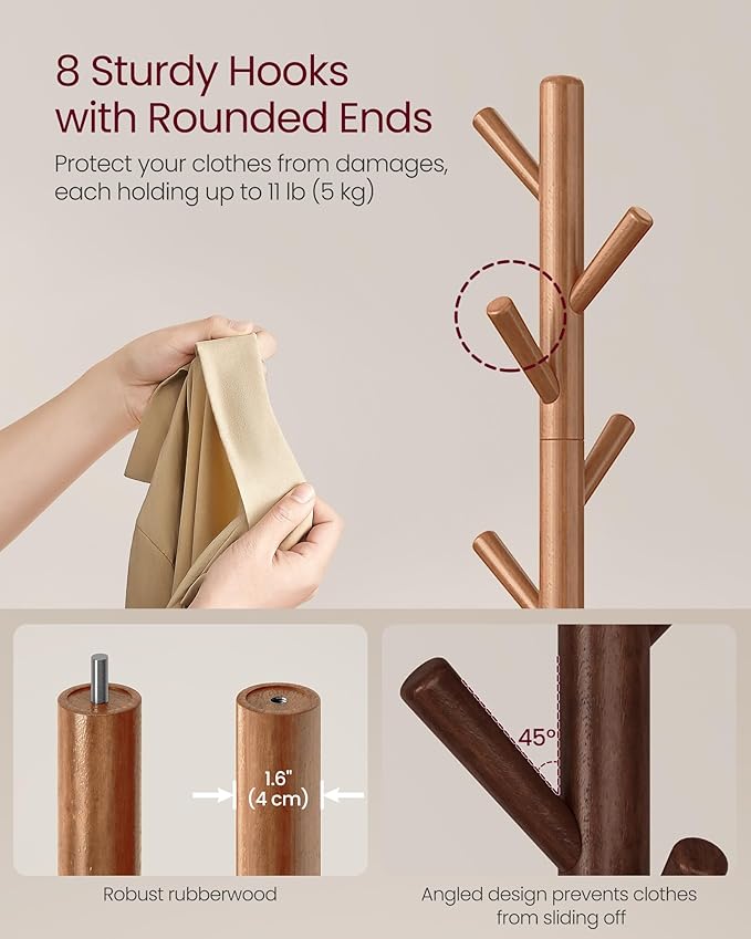 VASAGLE Solid Wood Coat Rack, Free Standing Hall Coat Tree with 8 Hooks, 3 Height Options, for Coats, Hats, Bags, Purses, for Entryway, Hallway, Rubberwood Hooks and Pole, Caramel Brown URCR009W01