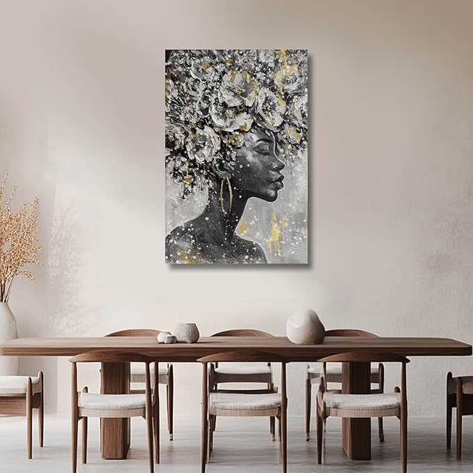 MLART99 African American Posters Black Woman Wall Art Gold and White Floral Canvas Artwork for Living Room Modern Photo Prints for Home 24x36 Inch Bedroom Pictures Wall Decor