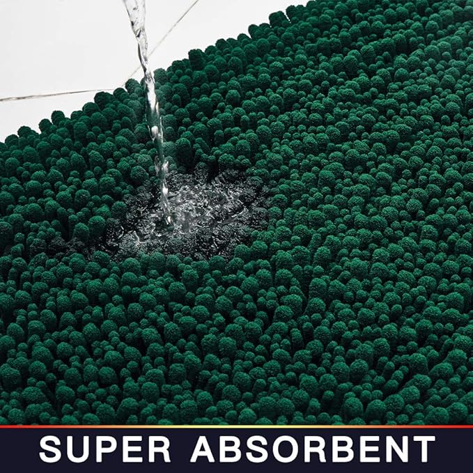 Walensee Large Bathroom Rug Non Slip Bath Mat (72x24 Inch Hunter Green) Water Absorbent Super Soft Shaggy Chenille Machine Washable Dry Extra Thick Perfect Absorbant Best Plush Carpet For Shower Floor