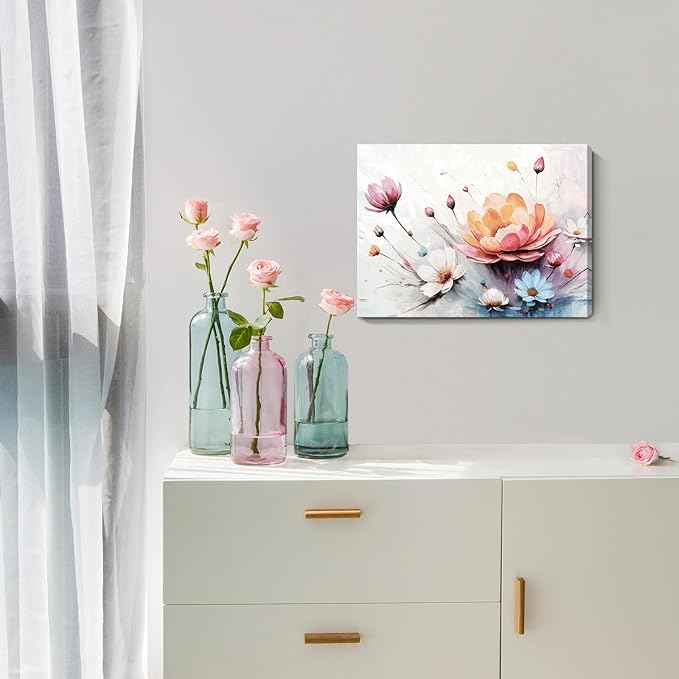 Amatop Canvas Wall Art Abstract Botanical Decor Pink White Blue Orange Colorful Flower Bouquet Print Small Size Art Work For Wall Decor Nature Landscape Canvas Picture For Bedroom Bathroom Office Dining Room 16X12In
