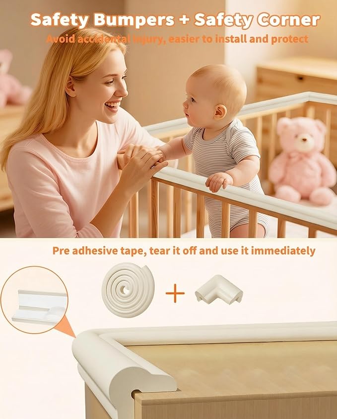 Edge Protector for Baby Proofing, 6.6FT 0.67’’Th L-Shape Air Buffering Soft NBR Rubber Foam Furniture Edge Bumper Guards with 6 Corners, Pre-Taped, Thick Table Bumper Guard for Babies (Beige)