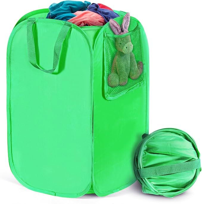 HOUSE AGAIN Upgraded Pop-up Laundry Hamper, Collapsible Laundry Basket with Durable Handles Solid Bottom High Steel Frame, Portable Foldable Dirty Clothes for Dorm, Laundry room Travel, Green