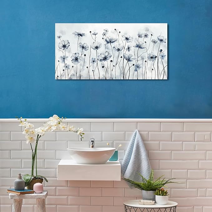 VEAEE Framed Flowers Canvas Wall Art - Indigo Floral Canvas Pictures, Living Room Wall Decor, Botanical Canvas Prints Painting Abstract Artwork Bedroom Office Home Decor 20"x 40"